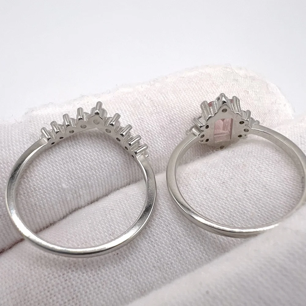.925 Sterling Silver Light Morganite Cz & Clear Cz 2 PC Ring Set - Picture 15 of 17